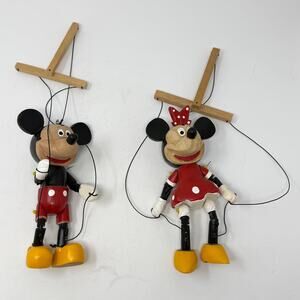 Handmade Mickey And Minnie Mouse Wooden Marionette Puppets 8.5in Folk Art Decor